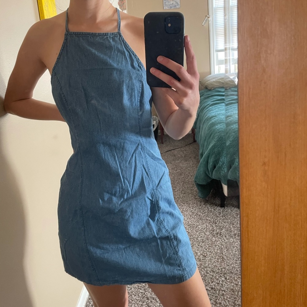 Denim strappy keyhole dress